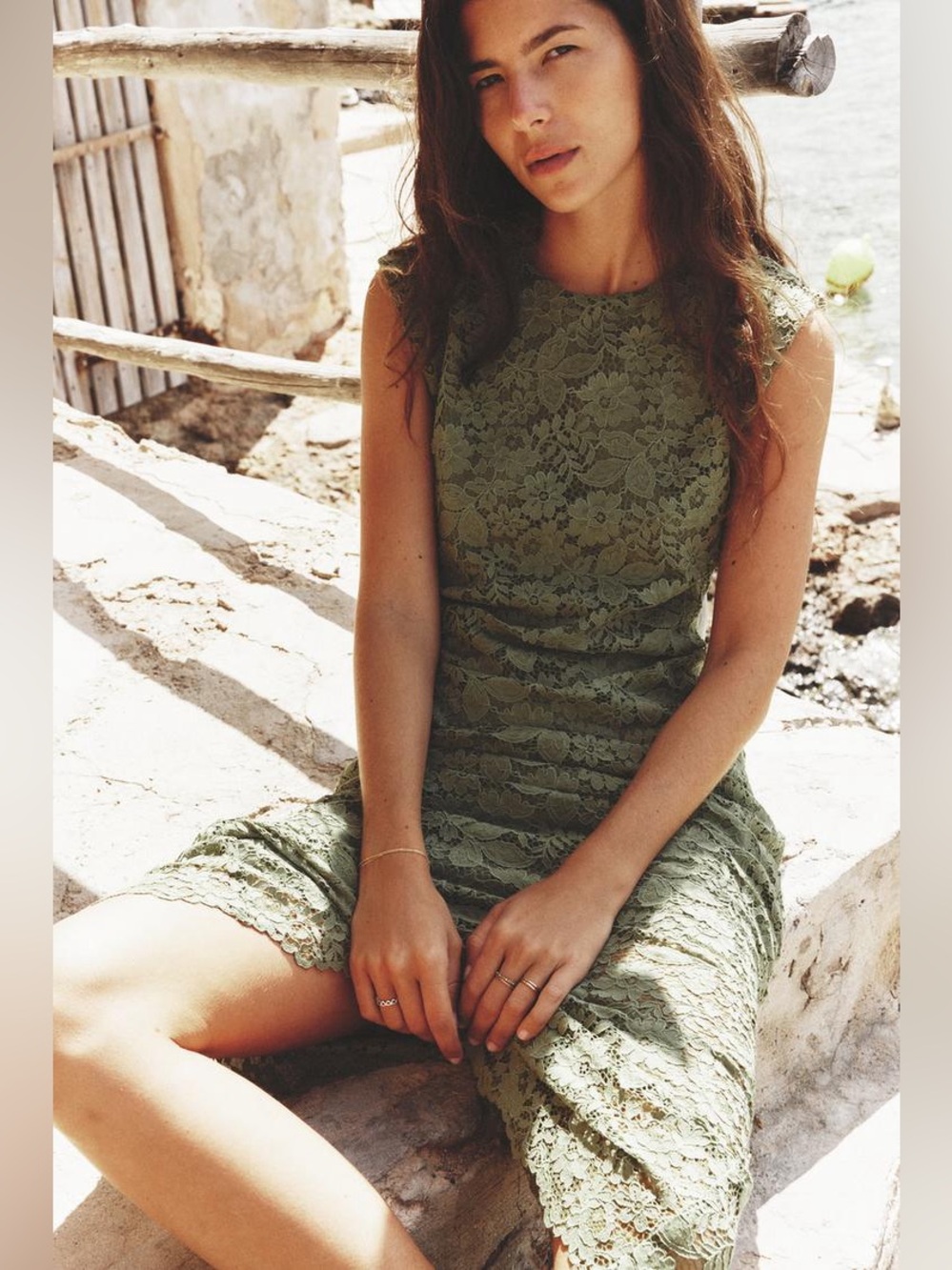 Zara Lace Midi Dress Side Gathering Sleeveless Green Fairycore Size Medium